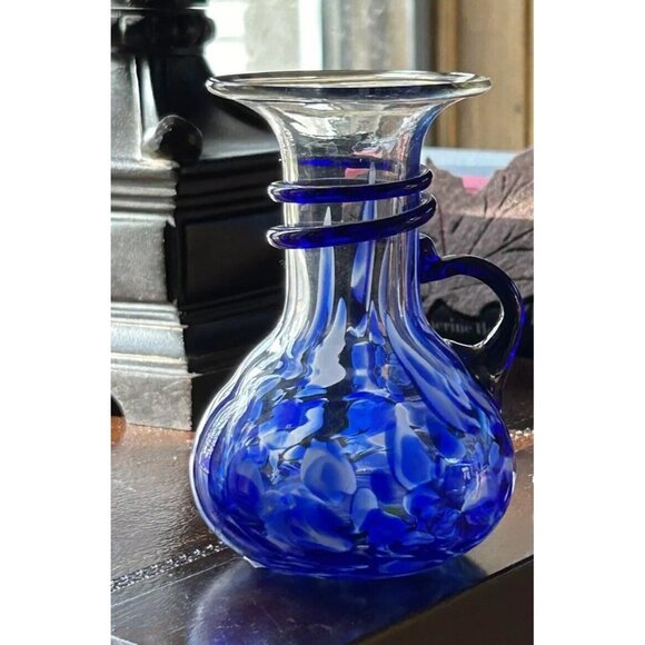 Spatter Blue White Hand Blown Glass Vase Applied Cobalt Blue Spiral Handle - Picture 1 of 7
